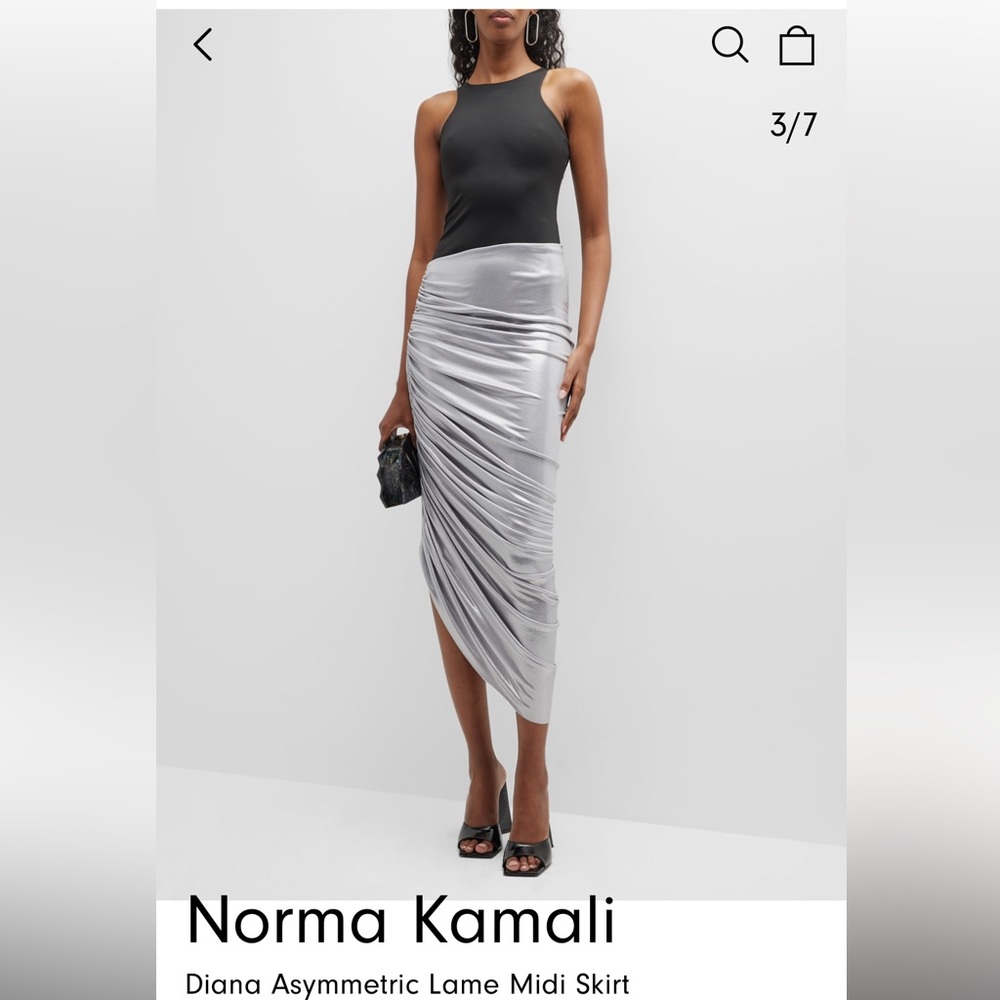 Norma Kamali NWT Diana shirred knee length skirt silver lame S.